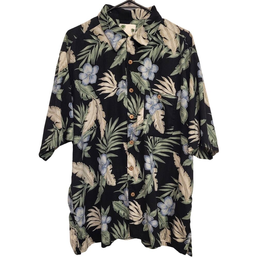 Banana Cabana Hawaiian Shirt Mens Size XL Black Floral 100% Silk Tropical